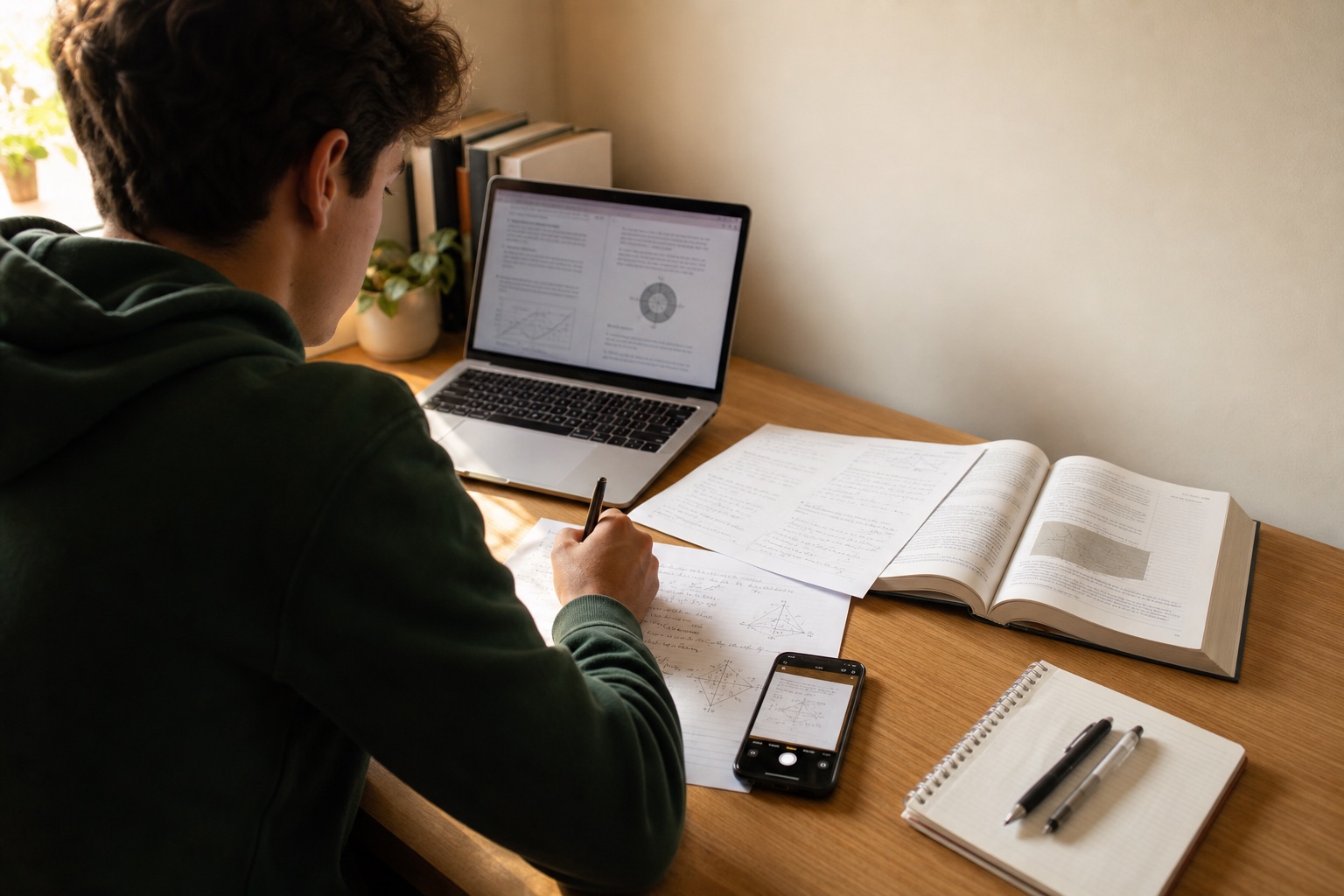 College student working from notes, a textbook, and a photographed page